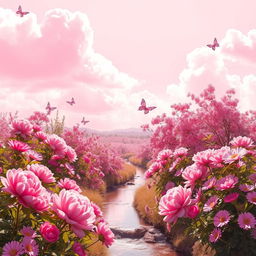 A vibrant pink landscape featuring a lush garden filled with blooming pink flowers, including peonies and cherry blossoms