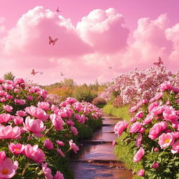 A vibrant pink landscape featuring a lush garden filled with blooming pink flowers, including peonies and cherry blossoms