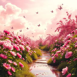 A vibrant pink landscape featuring a lush garden filled with blooming pink flowers, including peonies and cherry blossoms