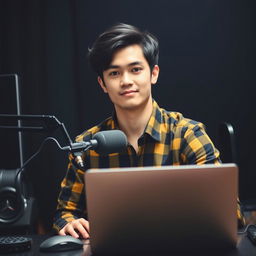 A 21 year old man sitting in front of a modern computer desk, equipped with a high-quality microphone and a sleek laptop