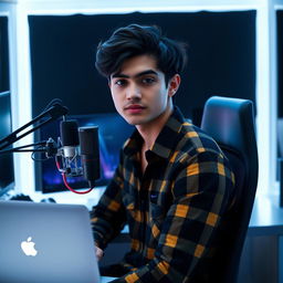 A 21 year old man sitting in front of a modern computer desk, equipped with a high-quality microphone and a sleek laptop