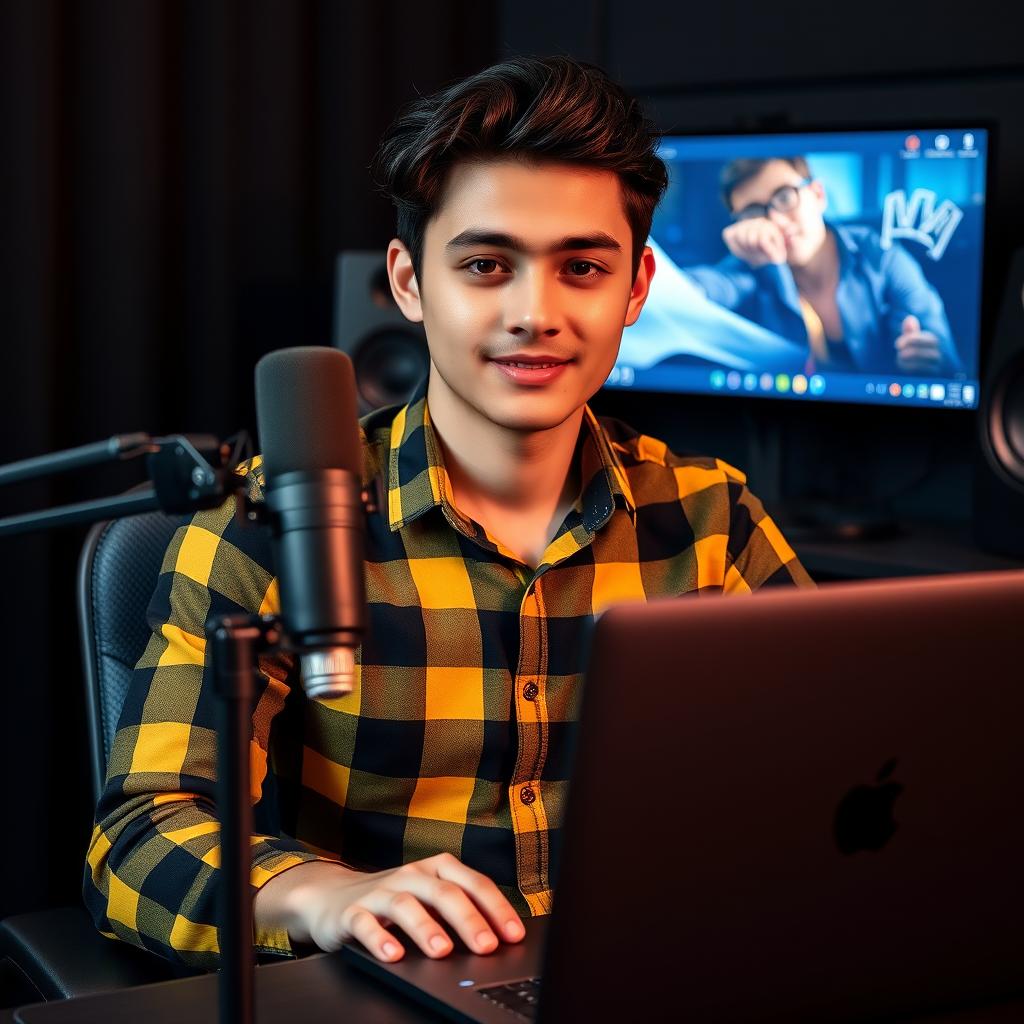A 21 year old man sitting in front of a modern computer desk, equipped with a high-quality microphone and a sleek laptop