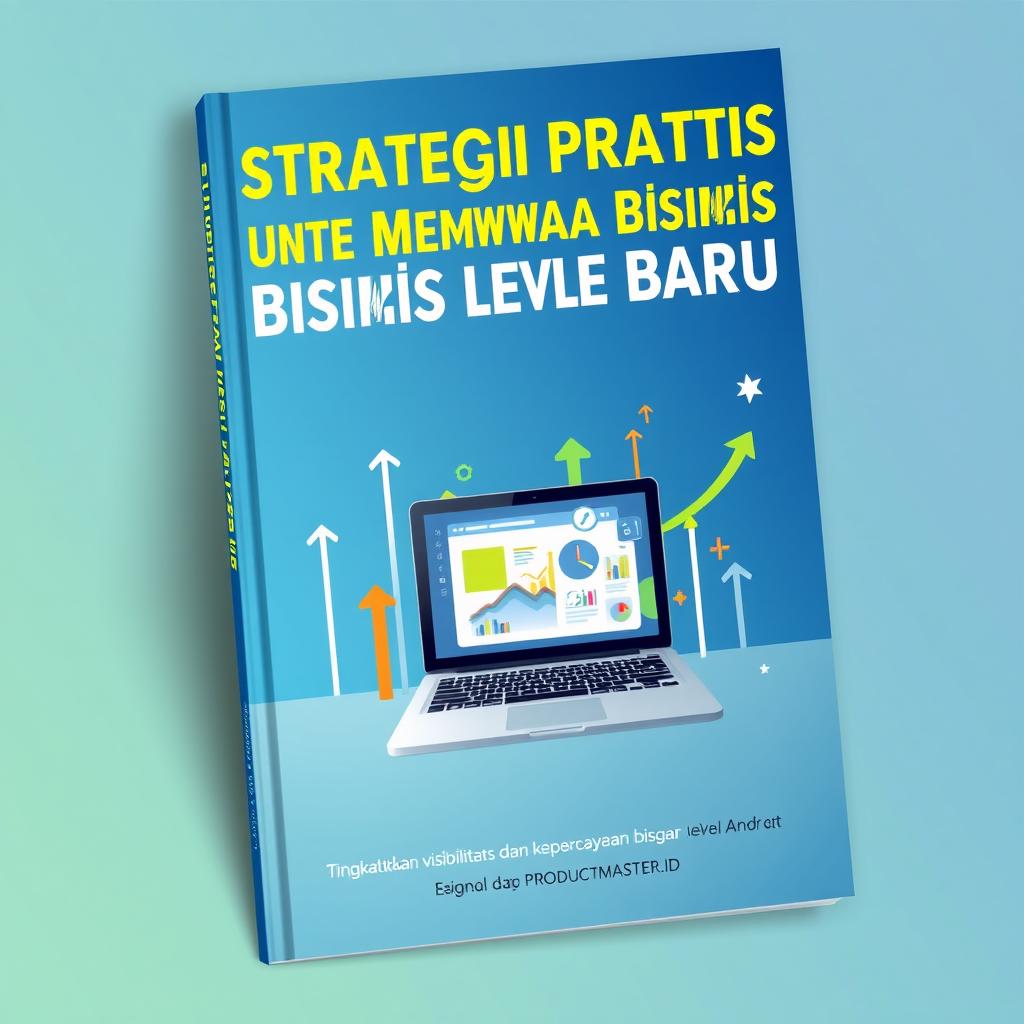 An engaging and modern book cover design for 'Strategi Praktis untuk Membawa Bisnis ke Level Baru', with the subtitle 'Tingkatkan visibilitas dan kepercayaan bisnis Anda dengan website profesional dari PRODUCTMASTER
