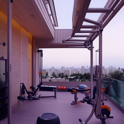 Interior design of a compact gym on a terrace, with space-saving fitness equipment, an open-air setup, overlooking the cityscape.