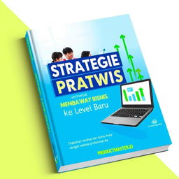 A compelling and stylish book cover for 'Strategi Praktis untuk Membawa Bisnis ke Level Baru', with the subtitle 'Tingkatkan visibilitas dan kepercayaan bisnis Anda dengan website profesional dari PRODUCTMASTER