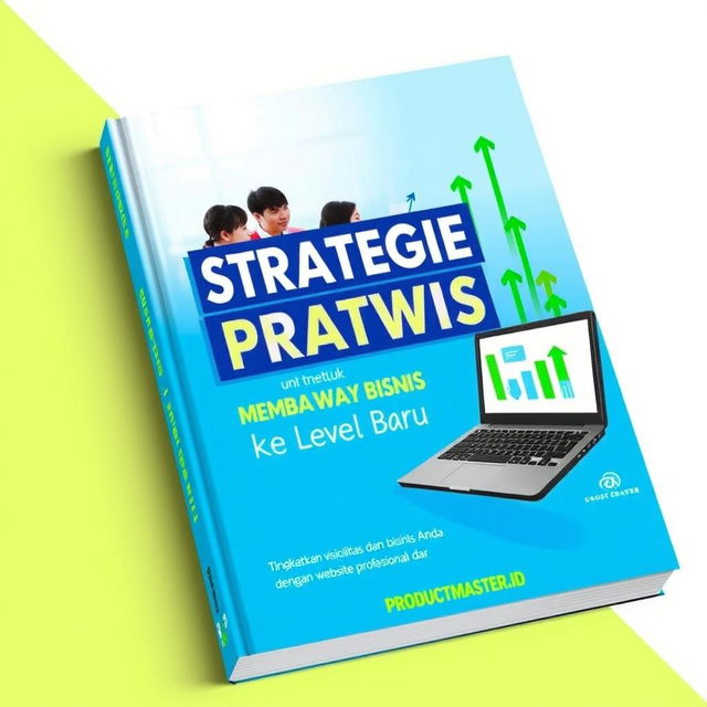 A compelling and stylish book cover for 'Strategi Praktis untuk Membawa Bisnis ke Level Baru', with the subtitle 'Tingkatkan visibilitas dan kepercayaan bisnis Anda dengan website profesional dari PRODUCTMASTER