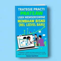 A compelling and stylish book cover for 'Strategi Praktis untuk Membawa Bisnis ke Level Baru', with the subtitle 'Tingkatkan visibilitas dan kepercayaan bisnis Anda dengan website profesional dari PRODUCTMASTER