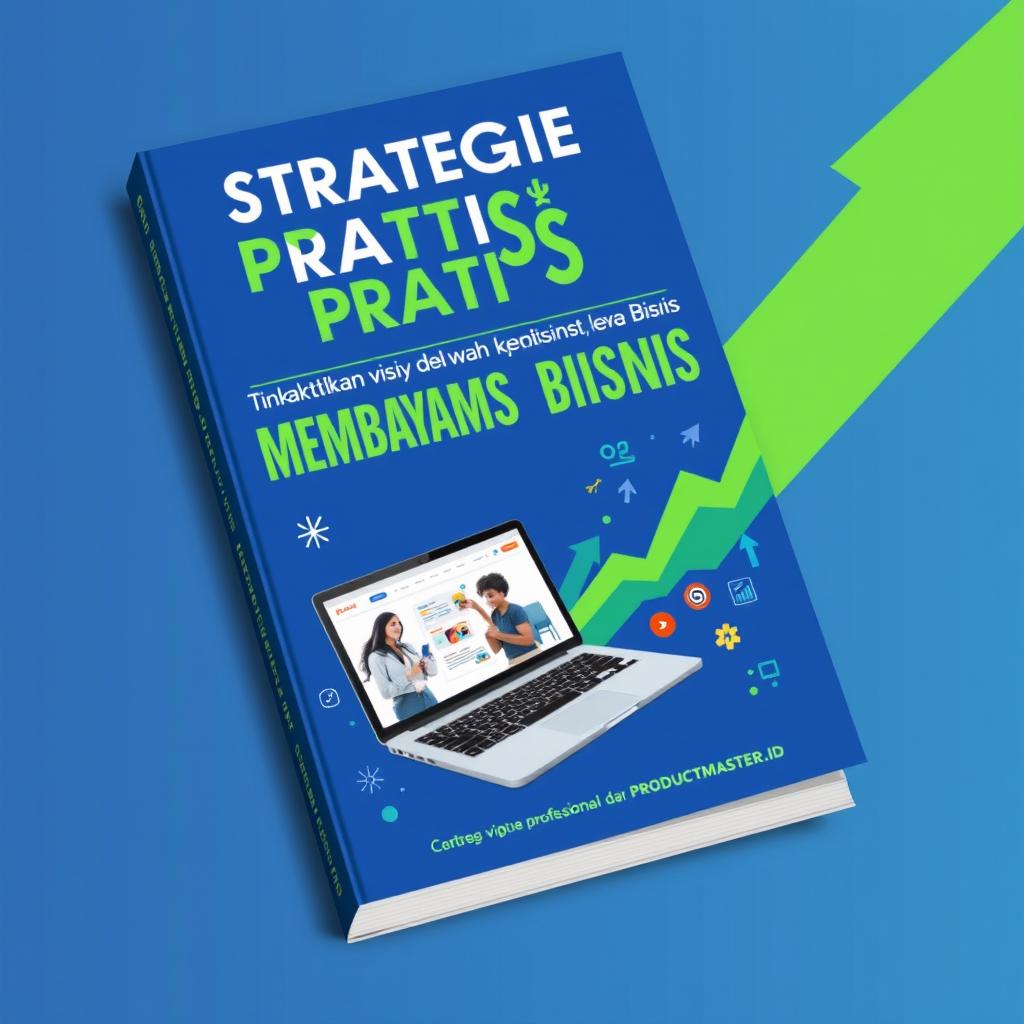 A compelling and stylish book cover for 'Strategi Praktis untuk Membawa Bisnis ke Level Baru', with the subtitle 'Tingkatkan visibilitas dan kepercayaan bisnis Anda dengan website profesional dari PRODUCTMASTER