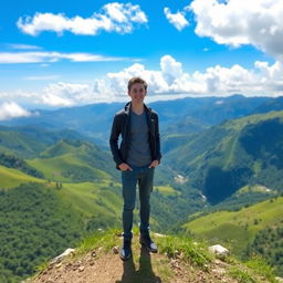 A person standing on a hill in Sajek Valley, surrounded by vibrant green hills and a stunning sky with fluffy clouds and bright blue color
