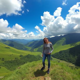 A person standing on a hill in Sajek Valley, surrounded by vibrant green hills and a stunning sky with fluffy clouds and bright blue color