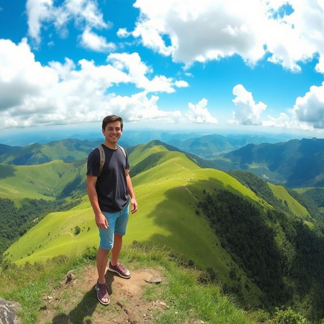 A person standing on a hill in Sajek Valley, surrounded by vibrant green hills and a stunning sky with fluffy clouds and bright blue color