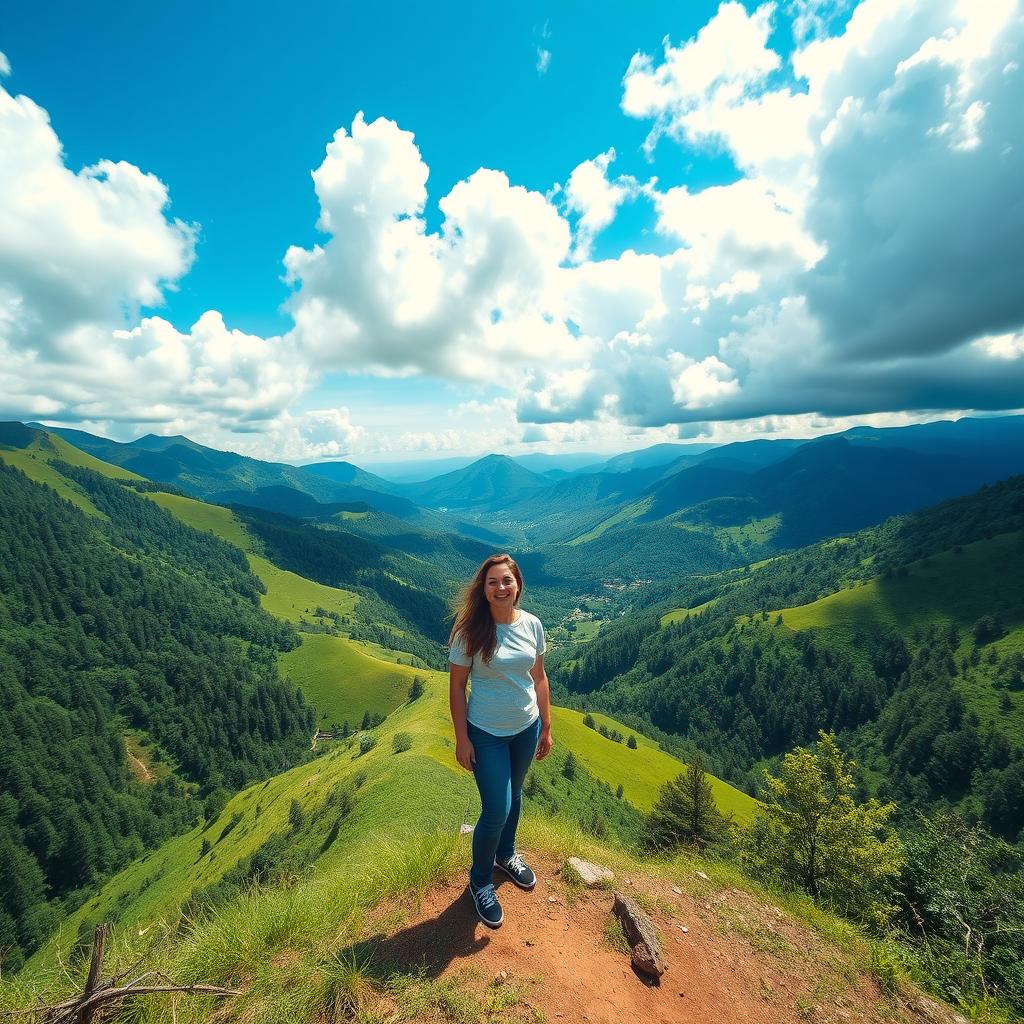 A person standing on a hill in Sajek Valley, surrounded by vibrant green hills and a stunning sky with fluffy clouds and bright blue color