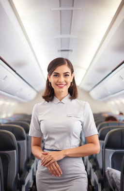 A stylish and graceful flight attendant standing in an airplane aisle, wearing a crisp and elegant uniform