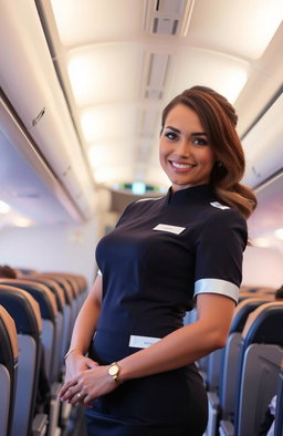 A stylish and graceful flight attendant standing in an airplane aisle, wearing a crisp and elegant uniform