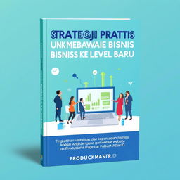 An elegant and visually appealing book cover for 'Strategi Praktis untuk Membawa Bisnis ke Level Baru', with the subtitle 'Tingkatkan visibilitas dan kepercayaan bisnis Anda dengan website profesional dari PRODUCTMASTER