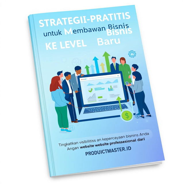 An elegant and visually appealing book cover for 'Strategi Praktis untuk Membawa Bisnis ke Level Baru', with the subtitle 'Tingkatkan visibilitas dan kepercayaan bisnis Anda dengan website profesional dari PRODUCTMASTER