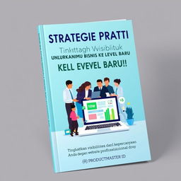 An elegant and visually appealing book cover for 'Strategi Praktis untuk Membawa Bisnis ke Level Baru', with the subtitle 'Tingkatkan visibilitas dan kepercayaan bisnis Anda dengan website profesional dari PRODUCTMASTER