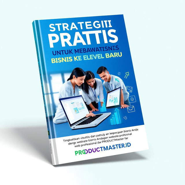 A visually striking book cover for 'Strategi Praktis untuk Membawa Bisnis ke Level Baru', with the subtitle 'Tingkatkan visibilitas dan kepercayaan bisnis Anda dengan website profesional dari PRODUCTMASTER