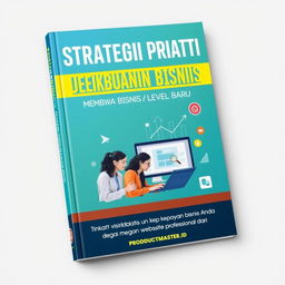 A visually striking book cover for 'Strategi Praktis untuk Membawa Bisnis ke Level Baru', with the subtitle 'Tingkatkan visibilitas dan kepercayaan bisnis Anda dengan website profesional dari PRODUCTMASTER