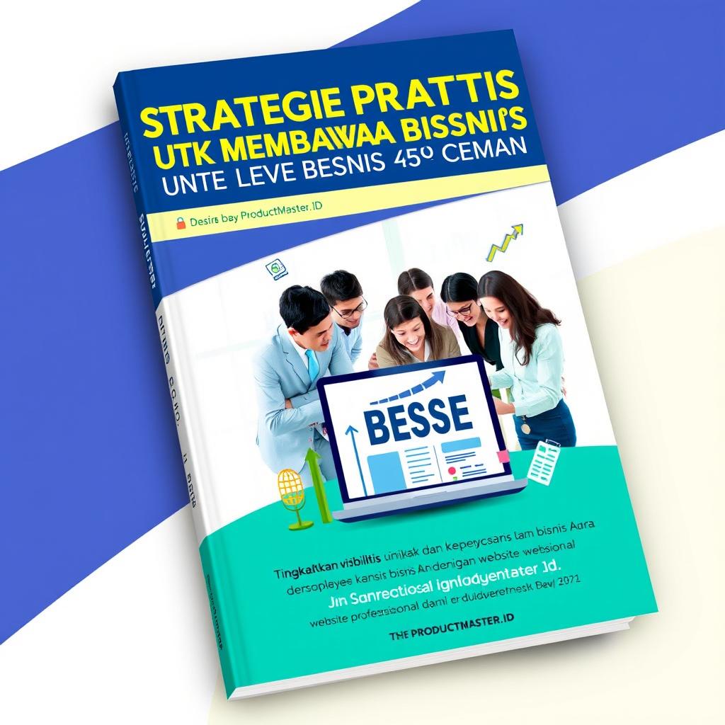A visually striking book cover for 'Strategi Praktis untuk Membawa Bisnis ke Level Baru', with the subtitle 'Tingkatkan visibilitas dan kepercayaan bisnis Anda dengan website profesional dari PRODUCTMASTER