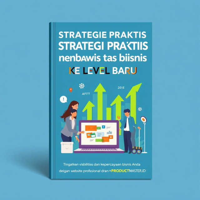 An engaging and modern book cover for 'Strategi Praktis untuk Membawa Bisnis ke Level Baru', with the subtitle 'Tingkatkan visibilitas dan kepercayaan bisnis Anda dengan website profesional dari PRODUCTMASTER