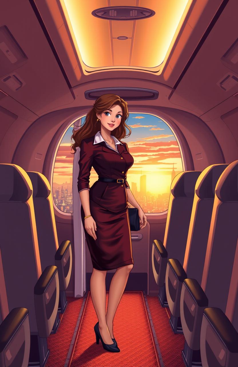 A romantic and adventurous scene featuring a beautiful flight attendant, dressed in a stylish and elegant uniform, standing confidently in the aisle of a luxurious airplane