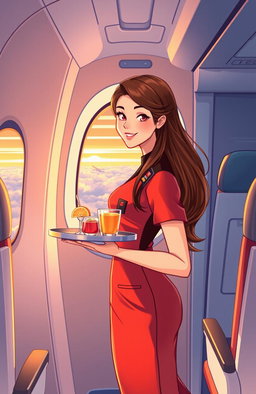 Illustration of a young flight attendant with a glamorous uniform, standing in the aisle of an airplane with a serene smile, holding a serving tray filled with refreshments