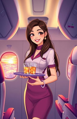 Illustration of a young flight attendant with a glamorous uniform, standing in the aisle of an airplane with a serene smile, holding a serving tray filled with refreshments