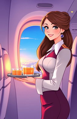 Illustration of a young flight attendant with a glamorous uniform, standing in the aisle of an airplane with a serene smile, holding a serving tray filled with refreshments