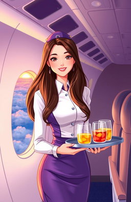Illustration of a young flight attendant with a glamorous uniform, standing in the aisle of an airplane with a serene smile, holding a serving tray filled with refreshments