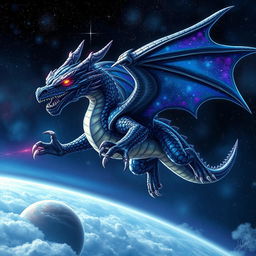 A fearsome space dragon named Goated Gang, adorned in shimmering scales that reflect the colors of distant galaxies, showcasing vibrant blues and purples