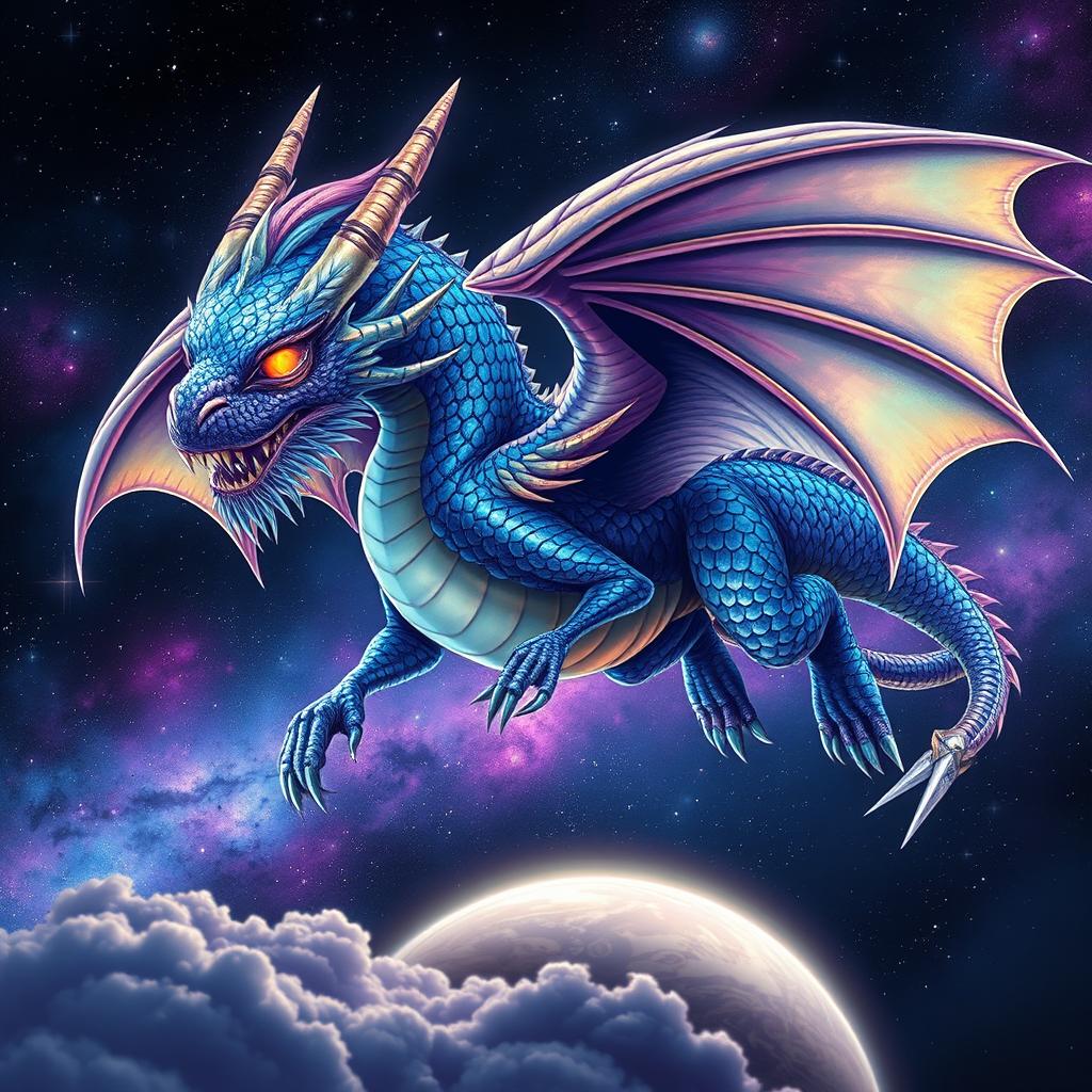A fearsome space dragon named Goated Gang, adorned in shimmering scales that reflect the colors of distant galaxies, showcasing vibrant blues and purples