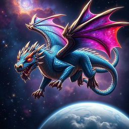 A fearsome space dragon named Goated Gang, adorned in shimmering scales that reflect the colors of distant galaxies, showcasing vibrant blues and purples
