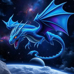A fearsome space dragon named Goated Gang, adorned in shimmering scales that reflect the colors of distant galaxies, showcasing vibrant blues and purples