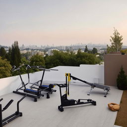 Interior design of a compact gym on a terrace, with space-saving fitness equipment, an open-air setup, overlooking the cityscape.