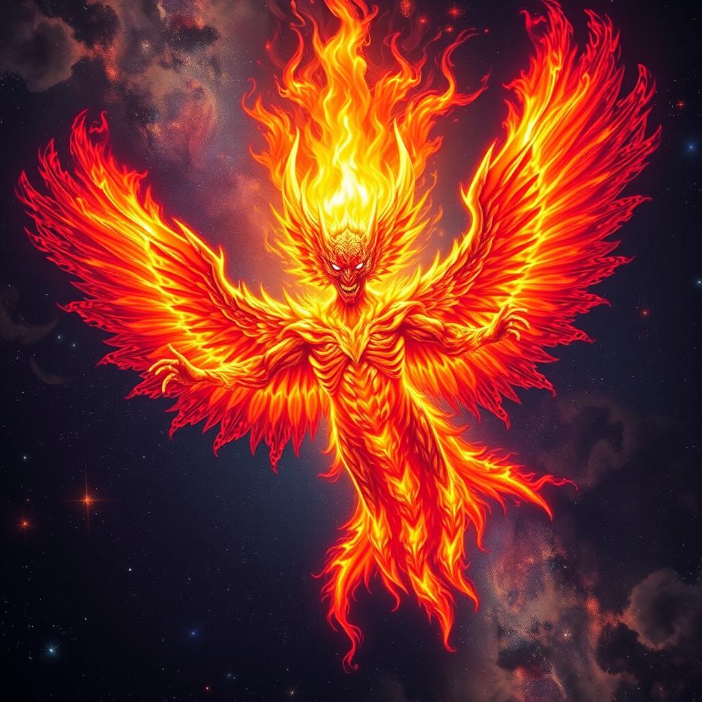 A majestic and terrifying flaming god-like entity soaring through the cosmos, adorned with magnificent wings