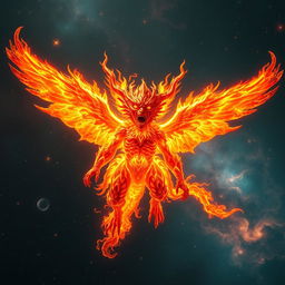 A majestic and terrifying flaming god-like entity soaring through the cosmos, adorned with magnificent wings