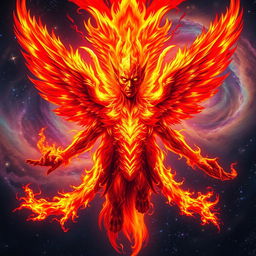 A majestic and terrifying flaming god-like entity soaring through the cosmos, adorned with magnificent wings