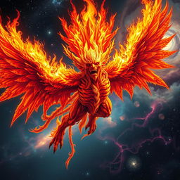 A majestic and terrifying flaming god-like entity soaring through the cosmos, adorned with magnificent wings