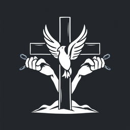 A stylized logo featuring a central cross, with a gracefully depicted dove perched in front of it, symbolizing peace