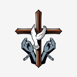 A stylized logo featuring a central cross, with a gracefully depicted dove perched in front of it, symbolizing peace