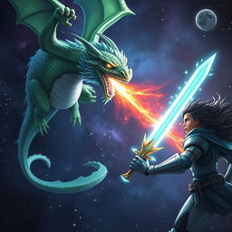 An epic showdown in space between a fierce, mythical dragon named Goated Gang, with shimmering scales in shades of green and blue