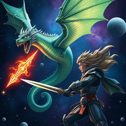 An epic showdown in space between a fierce, mythical dragon named Goated Gang, with shimmering scales in shades of green and blue