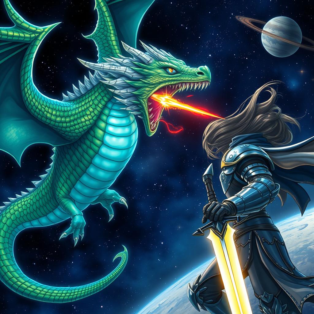 An epic showdown in space between a fierce, mythical dragon named Goated Gang, with shimmering scales in shades of green and blue