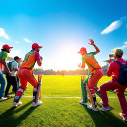 A vibrant cricket match scene taking place on January 10th, 2025, at 10:00 AM, featuring the Rawzan Warriors facing off against NSMA at a lush green cricket field