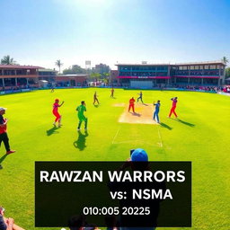 A vibrant cricket match scene taking place on January 10th, 2025, at 10:00 AM, featuring the Rawzan Warriors facing off against NSMA at a lush green cricket field