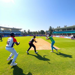 A vibrant cricket match scene taking place on January 10th, 2025, at 10:00 AM, featuring the Rawzan Warriors facing off against NSMA at a lush green cricket field