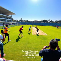 A vibrant cricket match scene taking place on January 10th, 2025, at 10:00 AM, featuring the Rawzan Warriors facing off against NSMA at a lush green cricket field