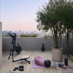 Interior design of a compact gym on a terrace, with space-saving fitness equipment, an open-air setup, overlooking the cityscape.