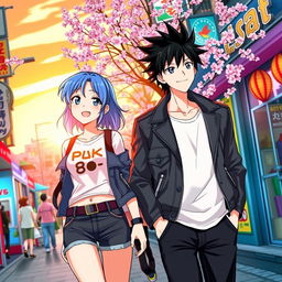 A dynamic scene featuring two Anime characters walking side by side